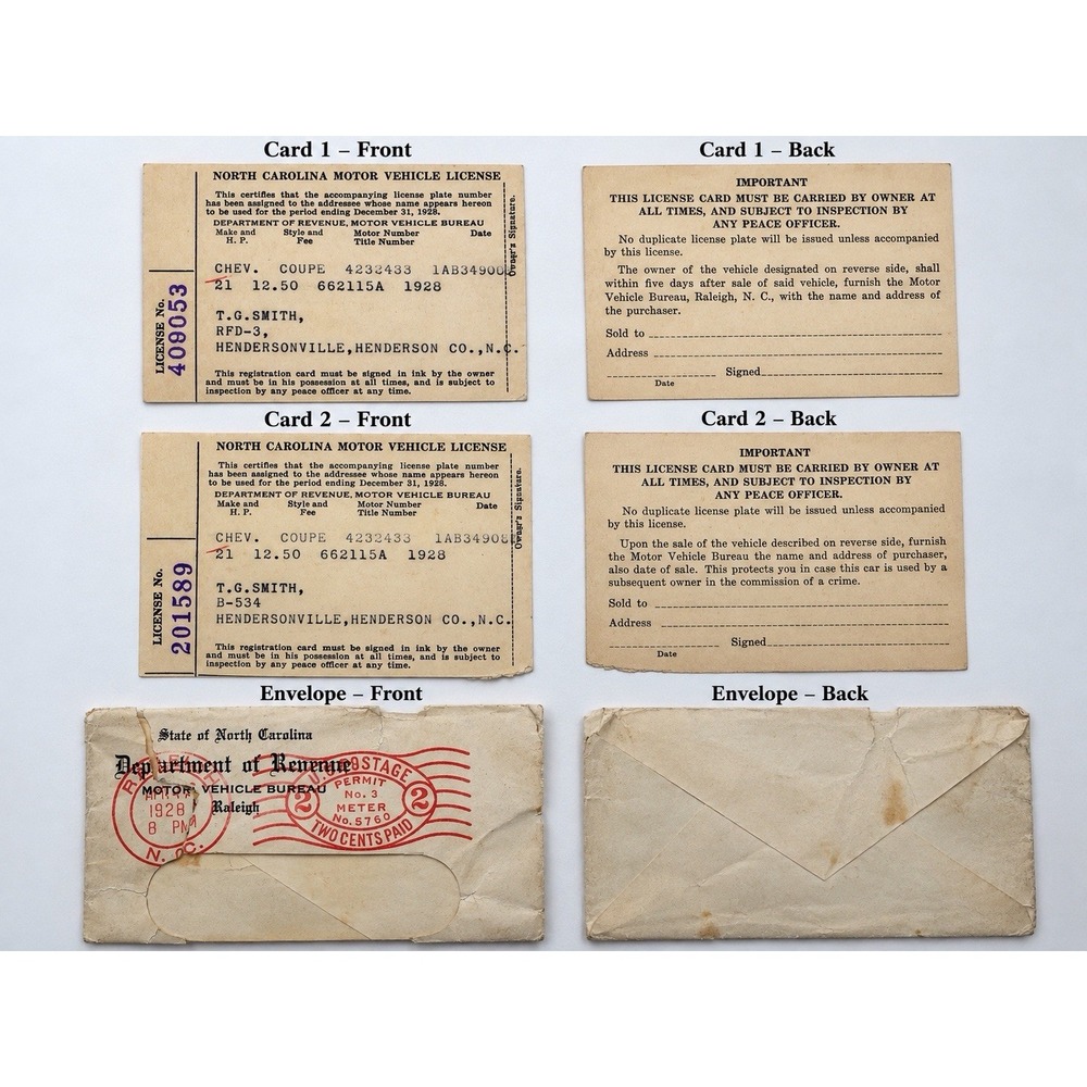 1928 North Carolina Chevrolet Coupe Auto Registration Cards Original Envelope